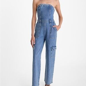 Express Strapless Wide Leg Cargo Denim Jean Jumpsuit Womens 12 Light Blue Wash